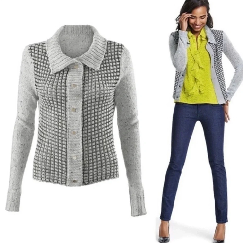 Cabi 3006 Gray Square Stich Window Pane Mock Neck Snap Cardigan Sweater Size S